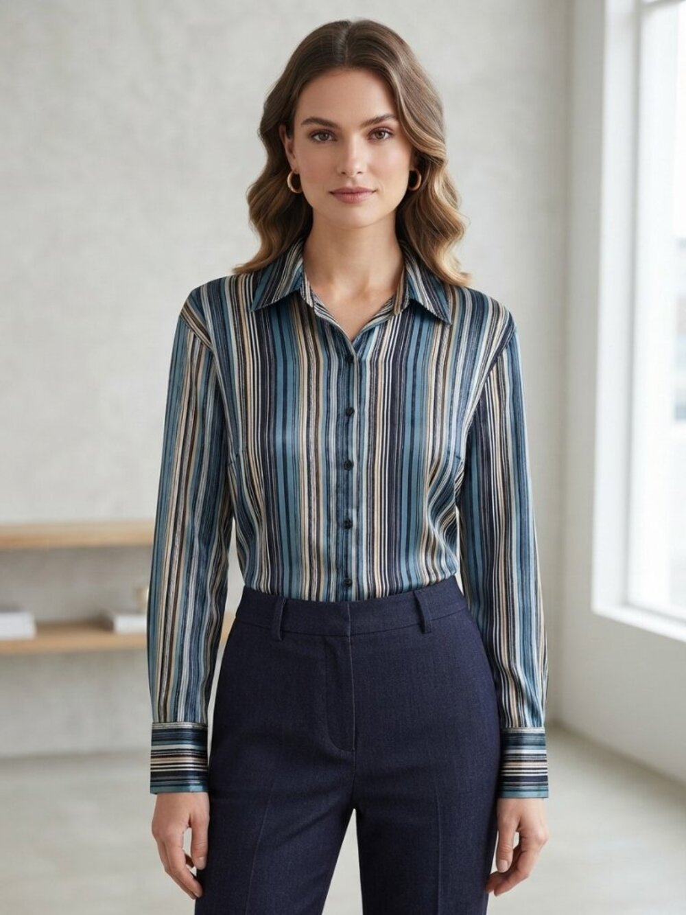 Y2K Style Blue Striped Satin Collared Blouse Blue Green 16W